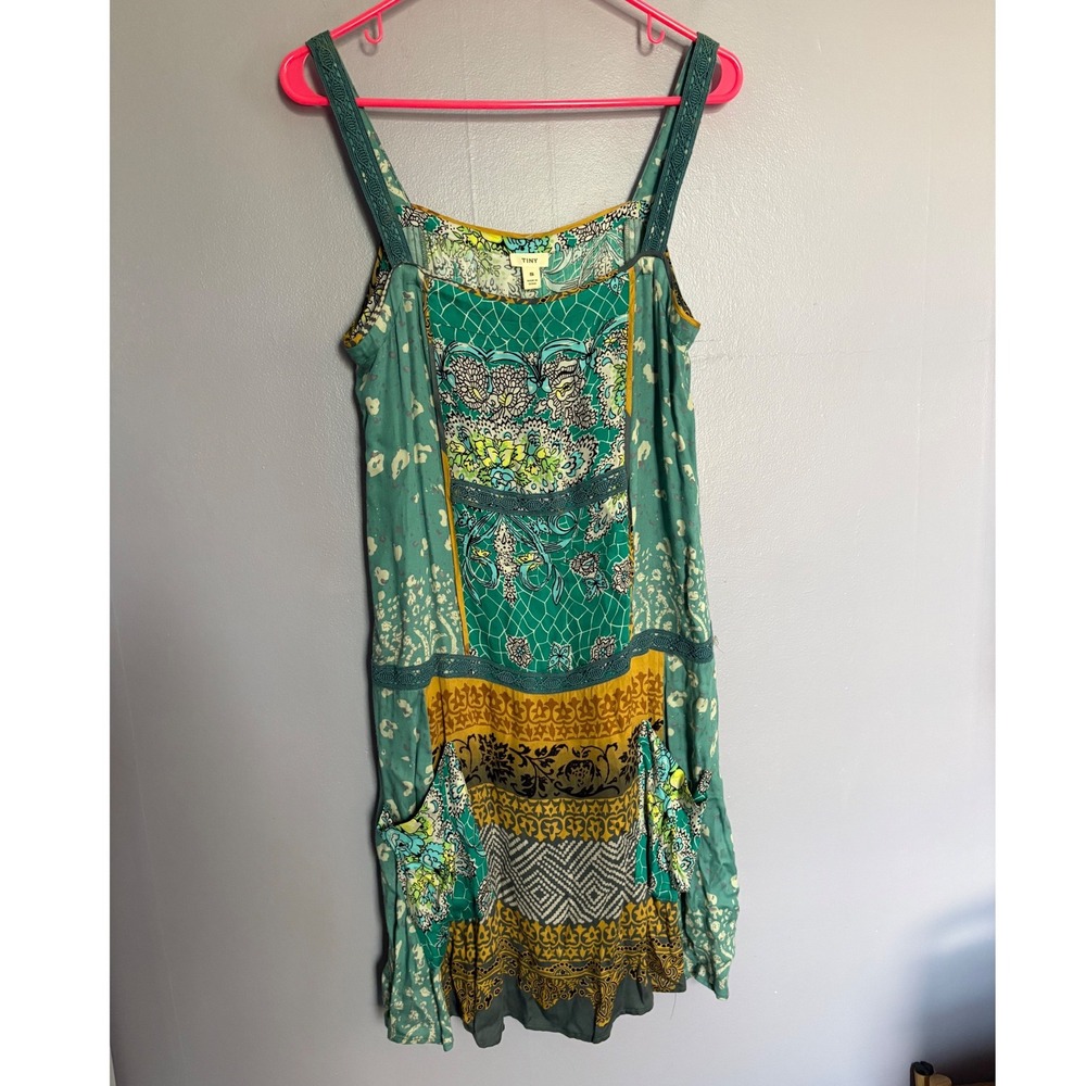 Anthropologie Green and gold boho Mini Dress 
size small